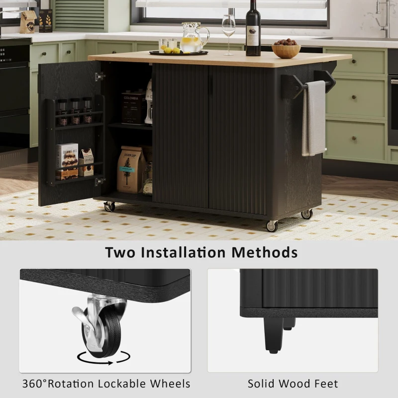 Fluted Kitchen Island with Drop Leaf, Adjustable Shelves, Mobile and Stationary Options, Rolling Cart with Internal Storage, Towel Rack, Black