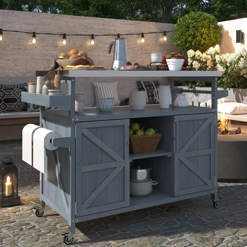 Outdoor Kitchen Island with Spice and Towel Rack, Lockable Wheels, Rolling Bar Cart with Stainless Steel Top, 50" L x 18.5" W x 36.5" H, Slate Blue