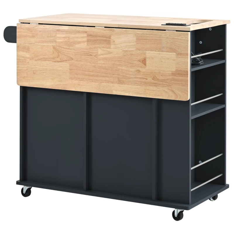 Kitchen Cart with Power Outlet, Drop Leaf, Wine Rack, Adjustable Shelves, Central Island with Lockable Wheels, 40" L x 29.5" W x 34" H, Black