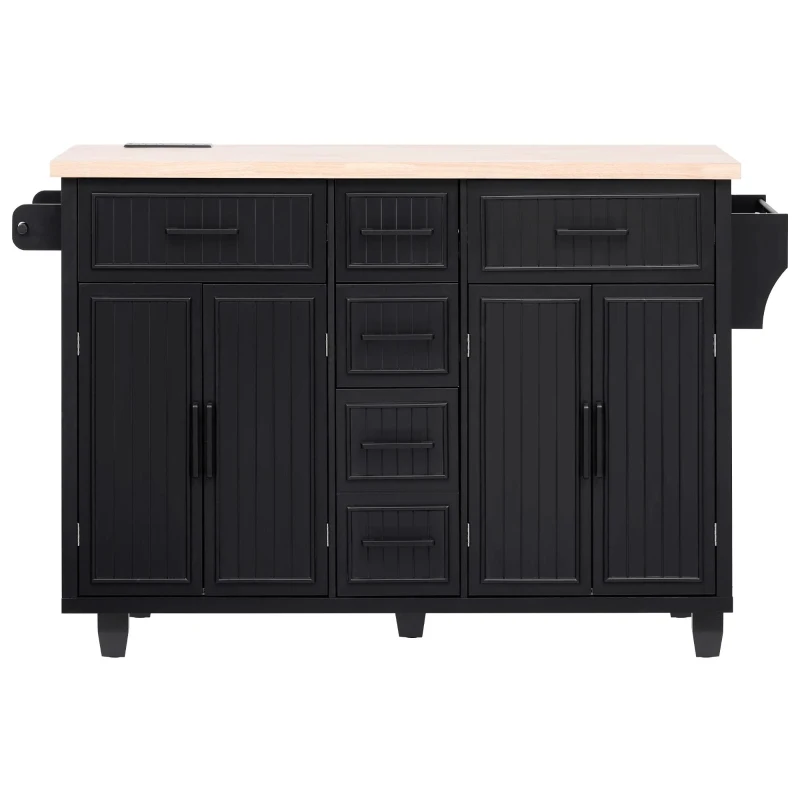 Kitchen Island with Drop Leaf and Power Outlet, Rolling Kitchen Cart on Wheels with 4 Doors, 5 Deep Drawers, Adjustable Shelves, Towel Rack, Black
