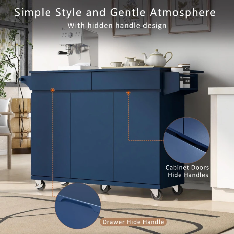 Kitchen Island with Drop Leaf, Rolling Cart with Spice and Towel Rack, 2 Drawers, Adjustable Shelves, 53.5" L x 27.5" W x 36.5" H, Navy Blue