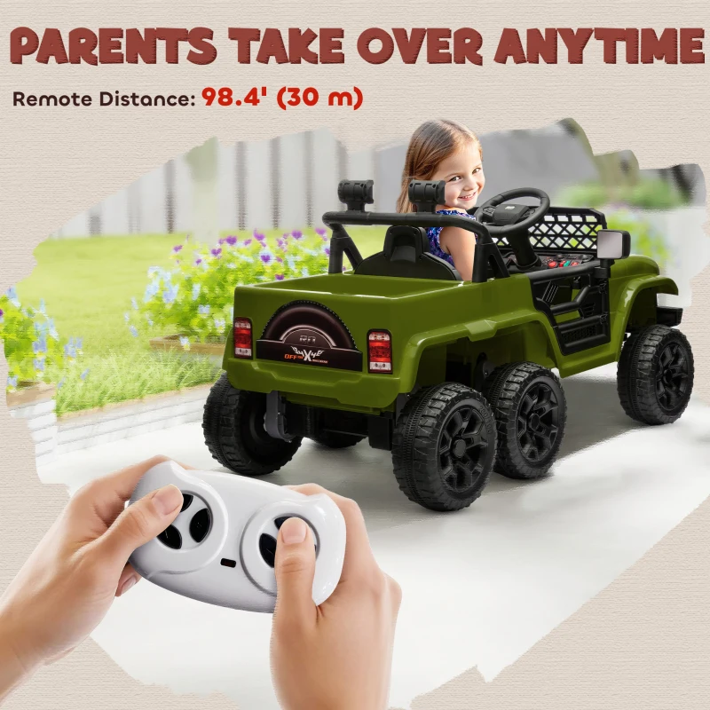 Qaba 12V 4WD/2WD Kids Electric Car w/ Remote Control, Spring Suspension, Back Trailer, Light, Music, Soft Start, Dark Green