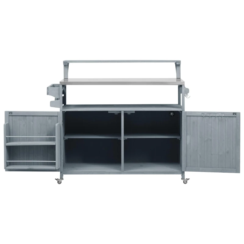 Outdoor Kitchen Island with Raised Shelf, Storage Cabinet, Stainless Steel Top, Rolling Grill Cart with Adjustable Shelves, Spice Rack, Grey+Blue