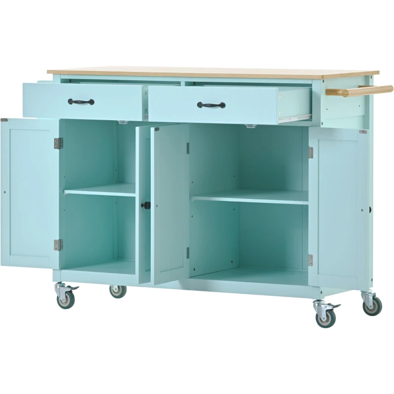 Kitchen Cart with 4-Door Cabinet, 2 Locking Wheels, Shelves and Racks, Cooking Island with Wood Top, 54.5" L x 18.5" W x 36" H, Mint Green