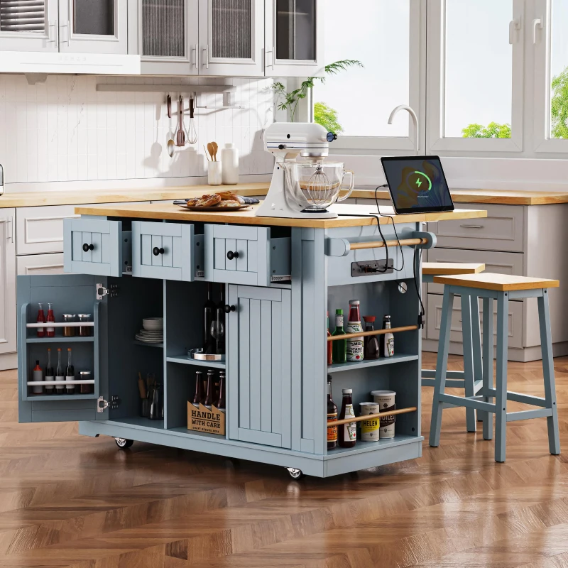 Kitchen Island with 2 Bar Stools, Power Outlet, Internal Racks, 5 Wheels, Drop Leaf, Adjustable Shelves, 53" L x 29.5" W x 36.5" H, Gray+Blue