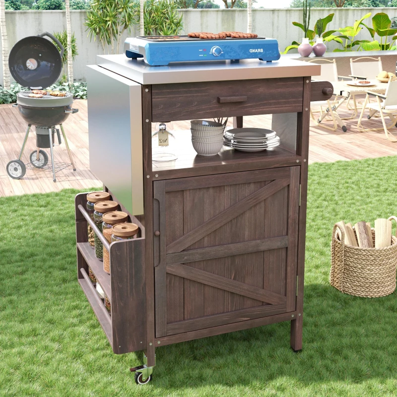Outdoor Grill Cart with Stainless Steel Top, Storage Cabinet, Drop Leaf, Drawer, Towel Rack, Lockable Wheels, 40.5" L x 21" W x 36.3" H, Brown
