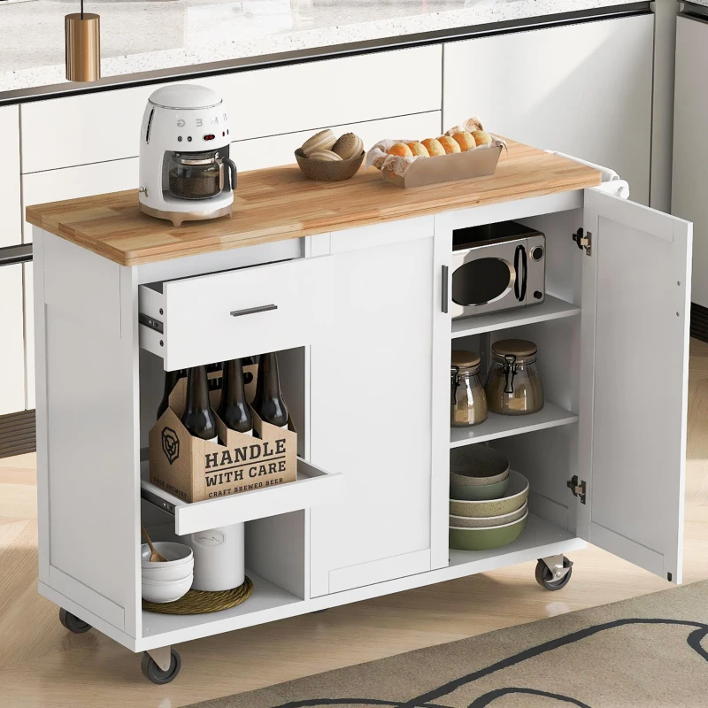Kitchen Island Cart with Foldable Countertop, Adjustable Shelves, Towel Rack, Drawer, and Lockable Wheels, 49" L x 33.2" W x 37.5" H, White