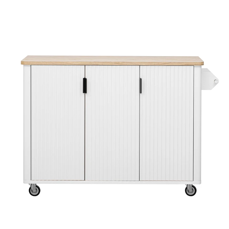 Fluted Kitchen Island with Drop Leaf, Internal Storage Rack, Rolling Kitchen Cart with Towel Rack, Adjustable Shelves, Smooth Curved Edge, White