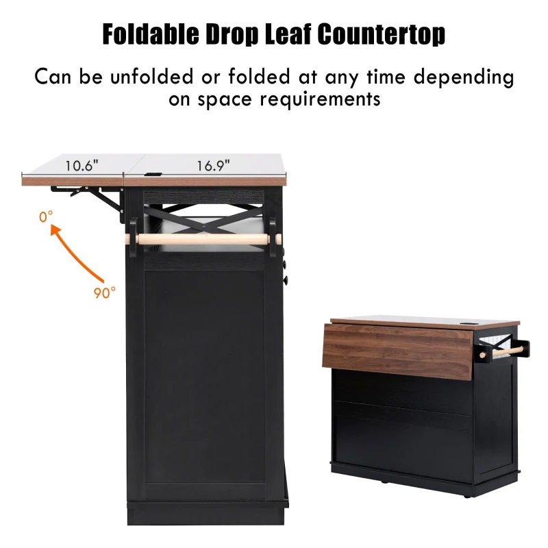 Farmhouse Kitchen Island Cart with Beaded Drape, Power Outlet, Drop Leaf, Adjustable Shelves, Perfect for Kitchen and Dining Room, Black