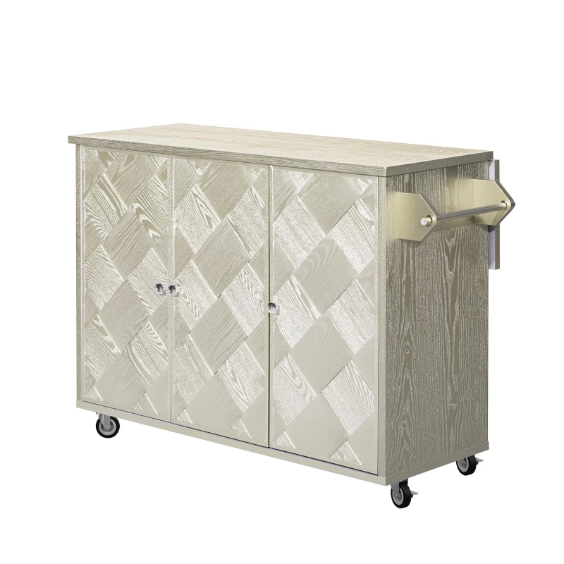 Kitchen Island Cart with Drop Leaf, Handwoven Ash Veneer Doors, Adjustable Shelves, and Lockable Wheels, 51" L x 29.5" W x 36" H, Champagne
