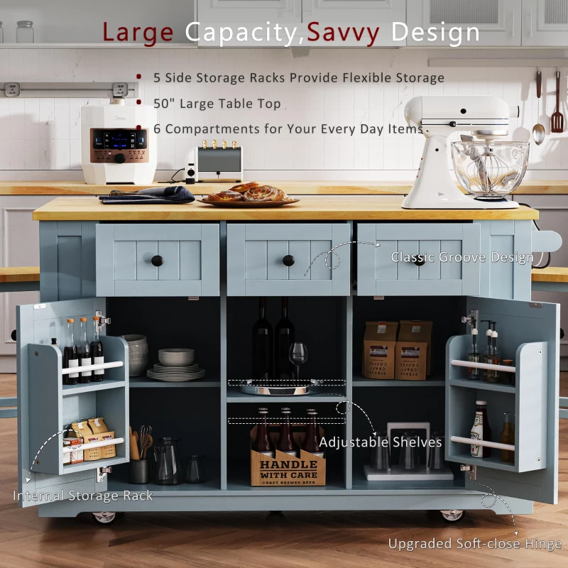 Kitchen Island with 2 Bar Stools, Power Outlet, Internal Racks, 5 Wheels, Drop Leaf, Adjustable Shelves, 53" L x 29.5" W x 36.5" H, Gray+Blue