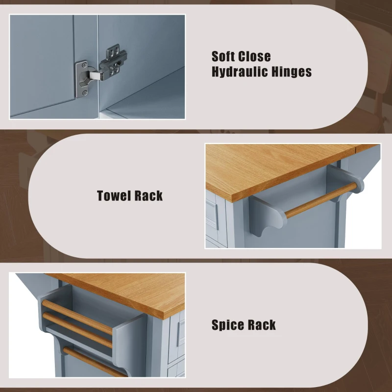 Kitchen Island with Drop Leaf, Towel Rack, 5 Drawers, Adjustable Shelf, Mobile Cart on Wheels with Spice Rack, 52" L x 29.5" W x 36" H, Blue+Grey
