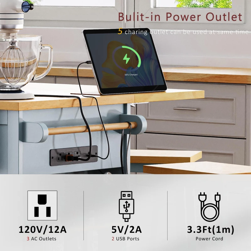 Kitchen Island with 2 Bar Stools, Power Outlet, Internal Racks, 5 Wheels, Drop Leaf, Adjustable Shelves, 53" L x 29.5" W x 36.5" H, Gray+Blue