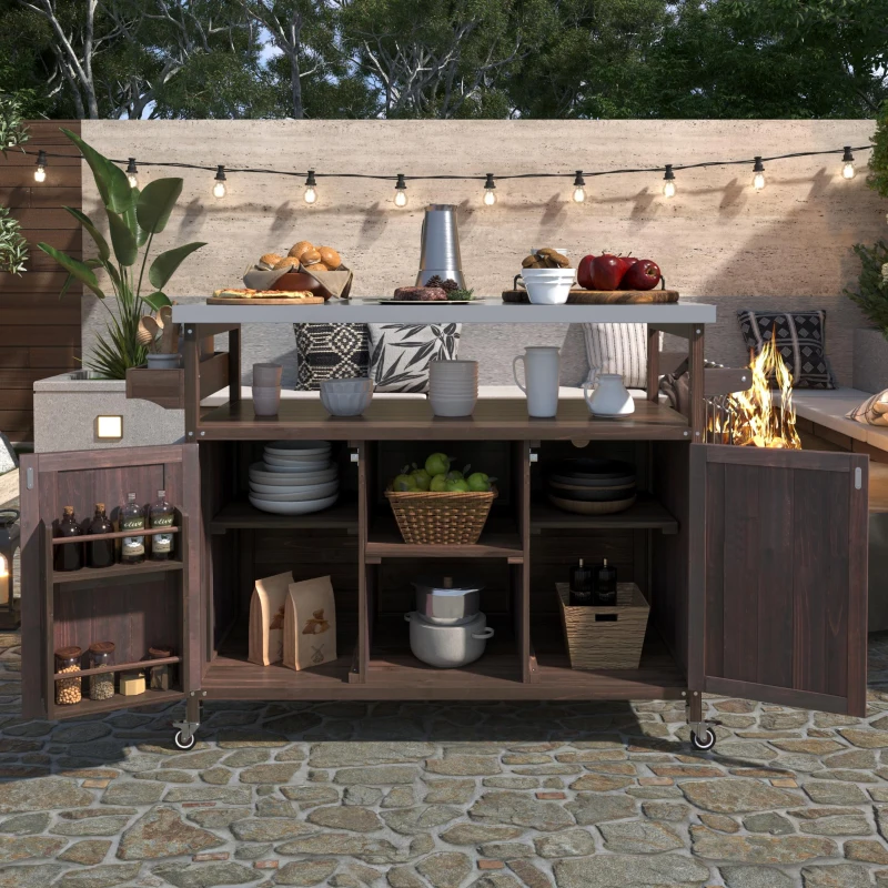 Outdoor Kitchen Island with Spice and Towel Rack, Stainless Steel Top, Rolling Bar Cart with Lockable Wheels, 50" L x 18.5" W x 36.5" H, Dark Brown