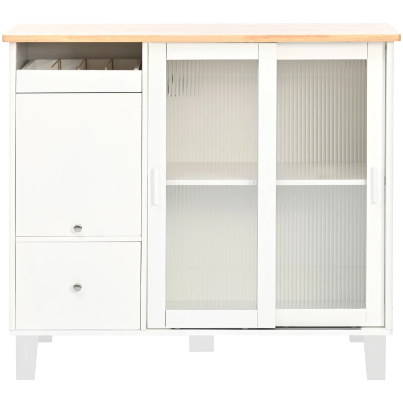 Kitchen Cart with Drop Leaf, LED Light, Sliding Glass Doors, Adjustable Shelf, Central Island with Rolling Wheels, 44" L x 27" W x 37" H, White