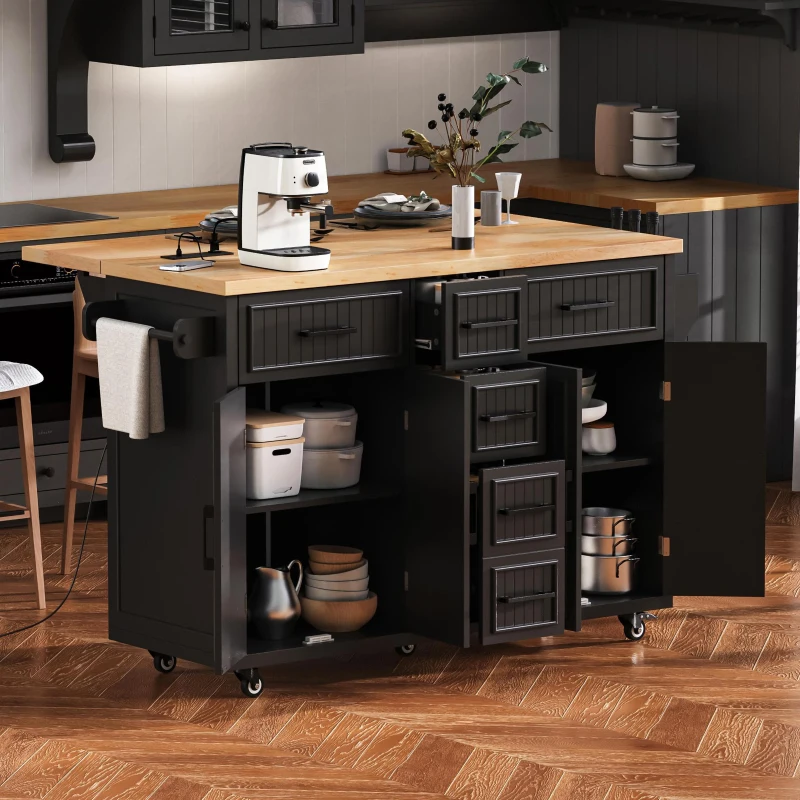 Kitchen Island with Drop Leaf and Power Outlet, Rolling Kitchen Cart on Wheels with 4 Doors, 5 Deep Drawers, Adjustable Shelves, Towel Rack, Black