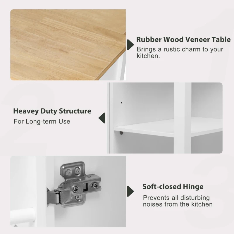 Kitchen Island with Extendable Dining Table, Rubber Wood Veneer, Internal Rack, Power Outlet, 2 Drawers, 2 Cabinets, 47" L x 33.5" W x 37" H, White