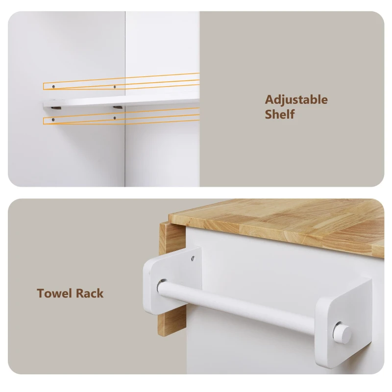 Rolling Kitchen Cart with Rubber Wood Top, Drawer with Dividers, Internal Storage Rack, Adjustable Shelves, 39" L x 26" W x 34" H, White
