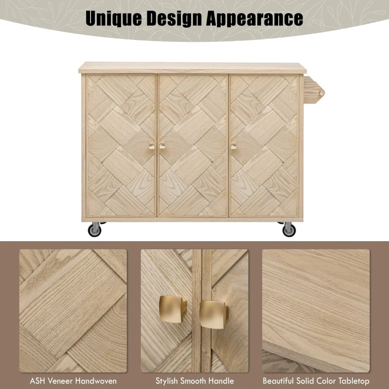 Coastal Kitchen Island Cart with Drop Leaf, Handwoven Ash Veneer Doors, Adjustable Shelves, Lockable Wheels, 51" L x 29.5" W x 36" H, Natural