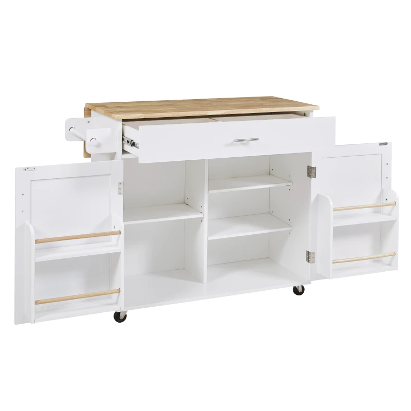 Rolling Kitchen Cart with Rubber Wood Top, Drawer with Dividers, Internal Storage Rack, Adjustable Shelves, 39" L x 26" W x 34" H, White