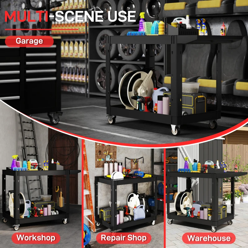 HOMCOM 2-Tier Rolling Tool Cart with Wheels, 500 LBS Capacity Plastic Utility Cart with Handle for Garage, Warehouse, Black