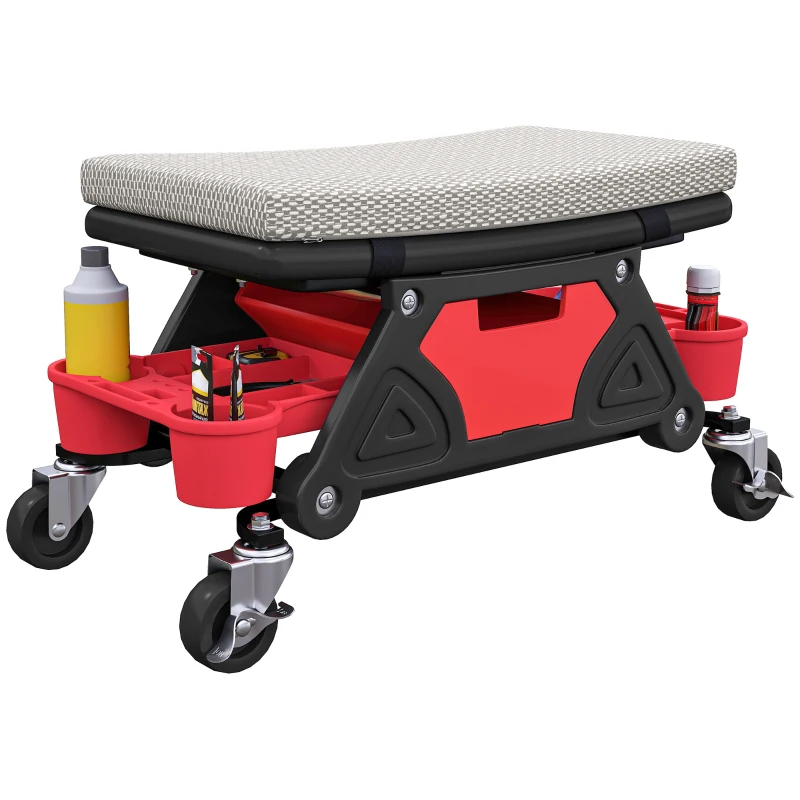 HOMCOM Rolling Garage Stool with Wheels, 300 LBS Capacity Padded Mechanic Stool with Tool Trays Storage, Grey