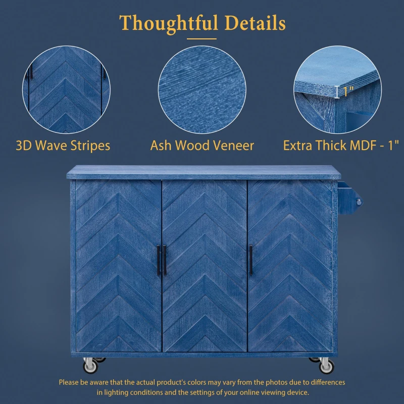 Farmhouse Kitchen Island with Drop Leaf, Rolling Cart on Wheels, 3D Wave Stripes Ash Veneer, Internal Rack, Adjustable Shelves, Navy Blue