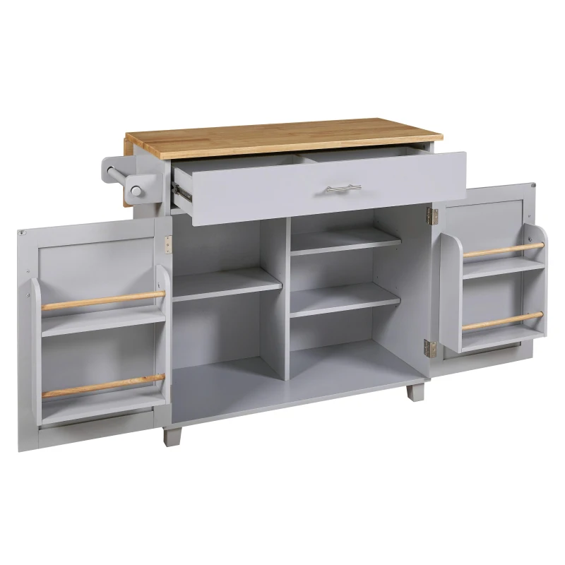 Kitchen Cart with Rubber Wood Top, Internal Storage Rack, Drawer with Dividers, Utility Island with Adjustable Shelves, 39" L x 26" W x 34" H, Gray