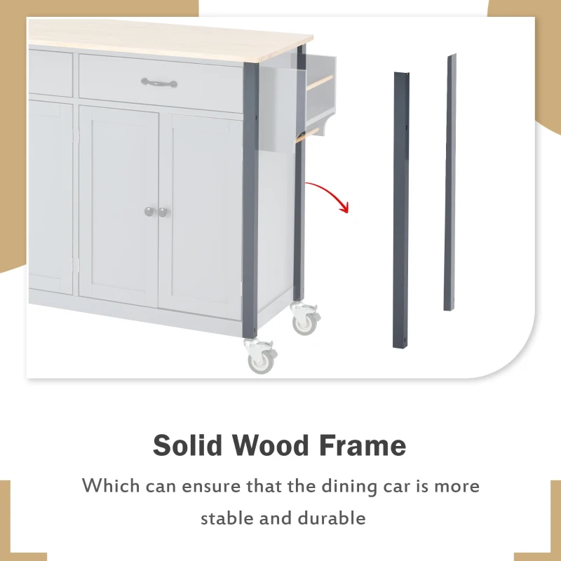 Kitchen Island Cart with 4-Door Cabinet, 2 Drawers, Solid Wood Top, Locking Wheels, Spice and Towel Racks, 54.5" L x 18.5" W x 36" H, Blue