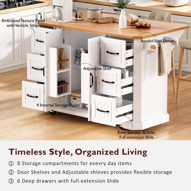 Kitchen Island with Power Outlet and Drop Leaf, 4 Door Shelves, Rolling Cart with Adjustable Shelves, Hidden Wheels, 55.5" L x 30" W x 36" H, White