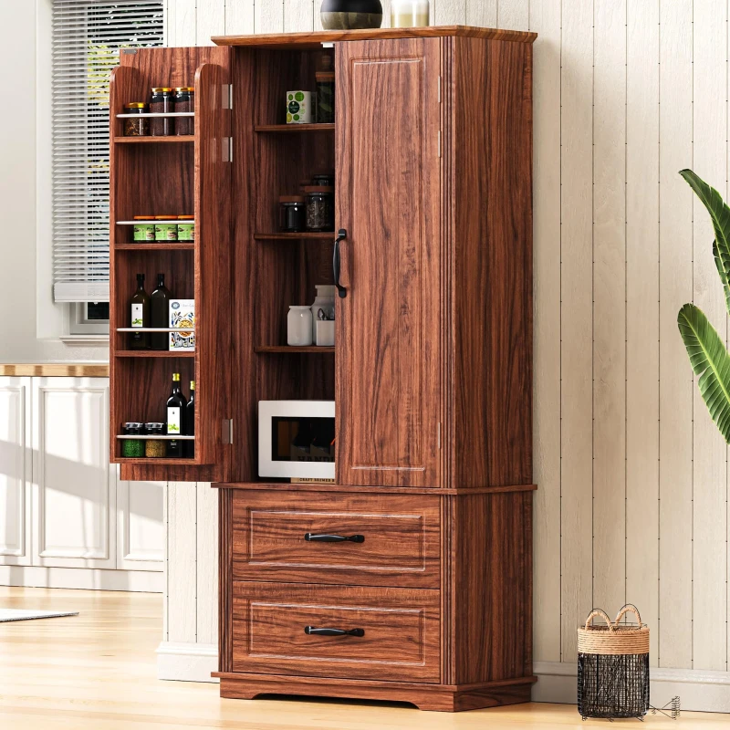Farmhouse Kitchen Pantry Cabinet, Freestanding Cupboard with 2 Large Drawers, 8 Door Shelves, Adjustable Shelves, Anti-Tip Kit, Brown
