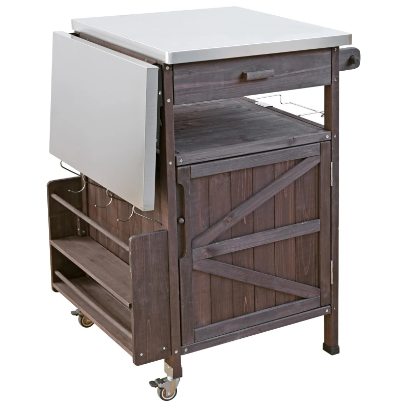 Outdoor Grill Cart with Stainless Steel Top, Storage Cabinet, Drop Leaf, Drawer, Towel Rack, Lockable Wheels, 40.5" L x 21" W x 36.3" H, Brown