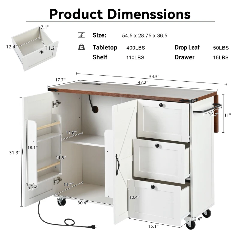 Farmhouse Kitchen Island with Power Outlet, Drop Leaf, Internal Storage Rack, Utility Cart with Adjustable Shelves, 54.5" L x 29" W x 36.5" H, White