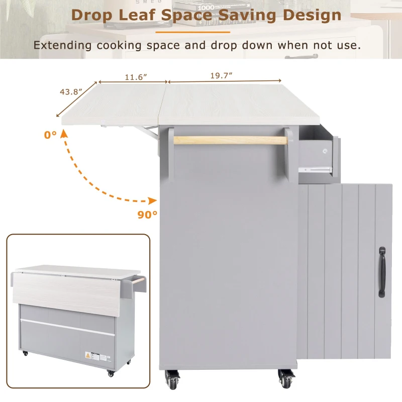 Kitchen Cart with Trash Can Storage, Drop Leaf, Adjustable Shelf, Utility Island with Spice and Towel Rack, 51" L x 31.5" W x 35" H, Gray