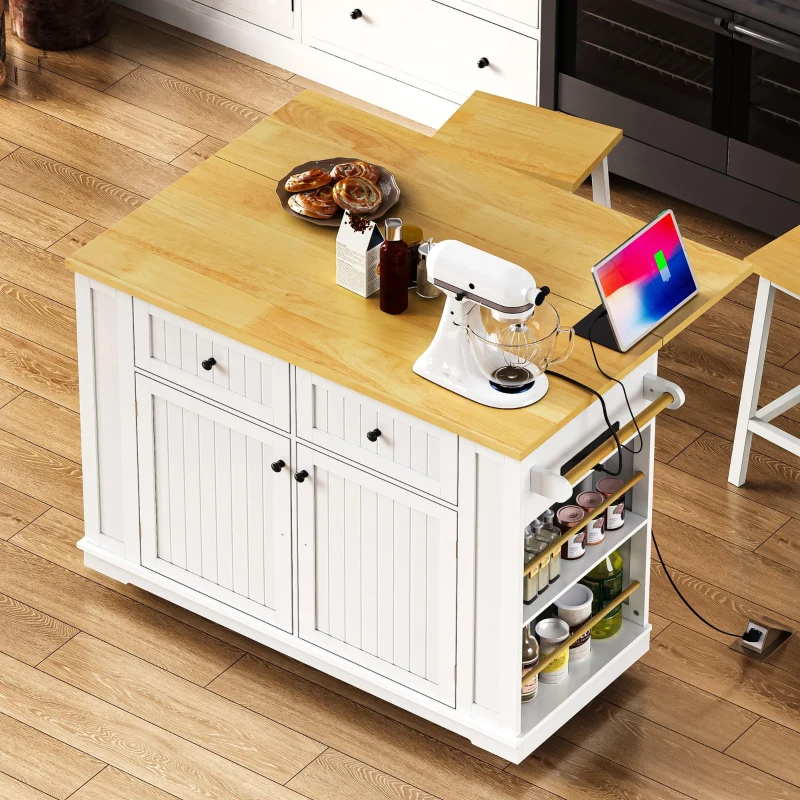 Kitchen Island with 2 Bar Stools, Power Outlet, Internal Rack, 5 Wheels, Drop Leaf, 2 Drawers, Adjustable Shelves, 48" L x 29.5" W x 37" H, White