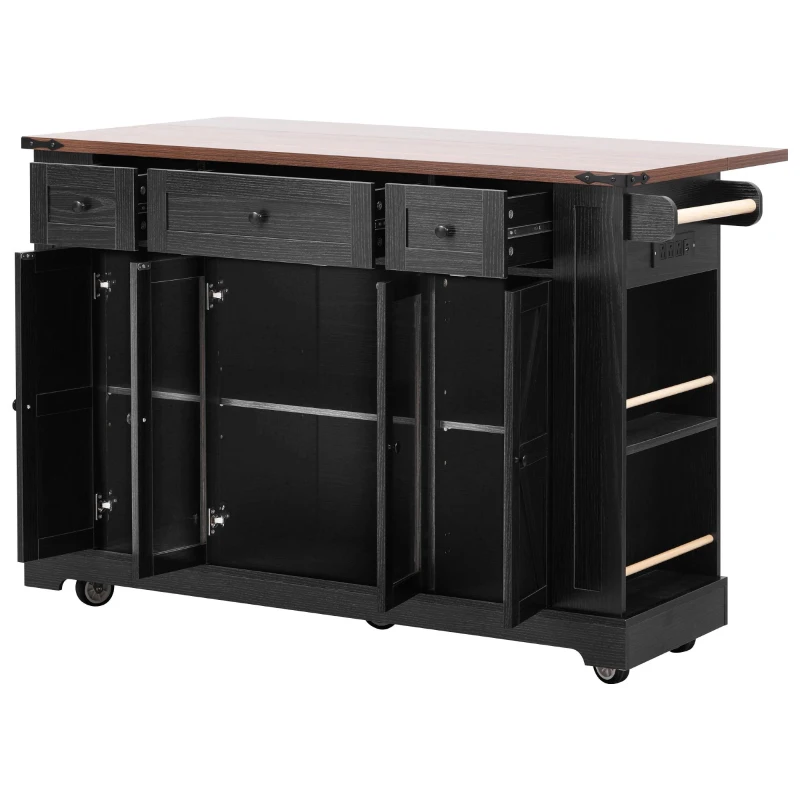 Farmhouse Kitchen Island with Tempered Glass Doors, Power Outlet, Rolling Cart with Drop Leaf, 5 Racks, 3 Drawers, 53" L x 29.5" W x 36" H, Black