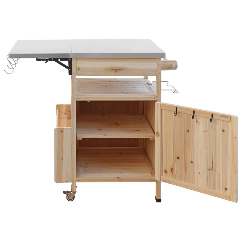 Outdoor Grill Cart with Stainless Steel Top, Storage Cabinet, Drop Leaf, Drawer, Towel Rack, Lockable Wheels, 40.5" L x 21" W x 36.3" H, Natural