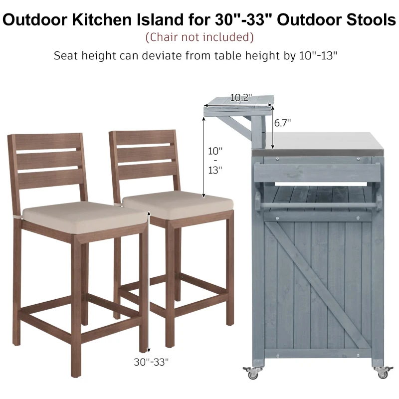 Outdoor Kitchen Island with Raised Shelf, Storage Cabinet, Stainless Steel Top, Rolling Grill Cart with Adjustable Shelves, Spice Rack, Grey+Blue