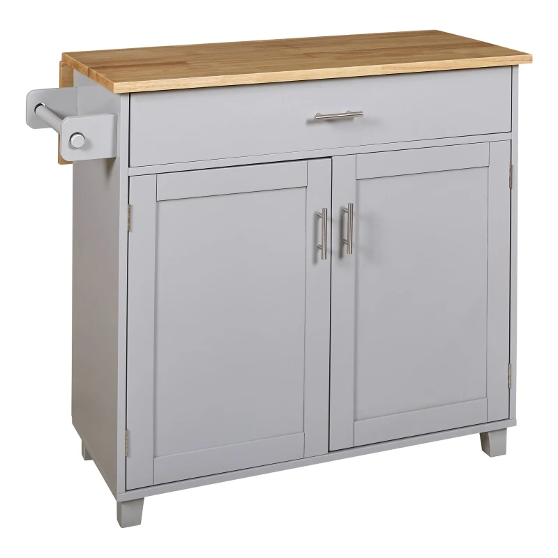 Kitchen Cart with Rubber Wood Top, Internal Storage Rack, Drawer with Dividers, Utility Island with Adjustable Shelves, 39" L x 26" W x 34" H, Gray
