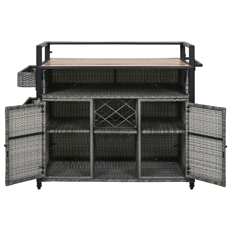 Outdoor Grill Cart with Extended Table Top, Rolling Kitchen Island on Wheels with Storage Cabinet, Double Handle, 53" L x 28.3" W x 41.5" H, Gray