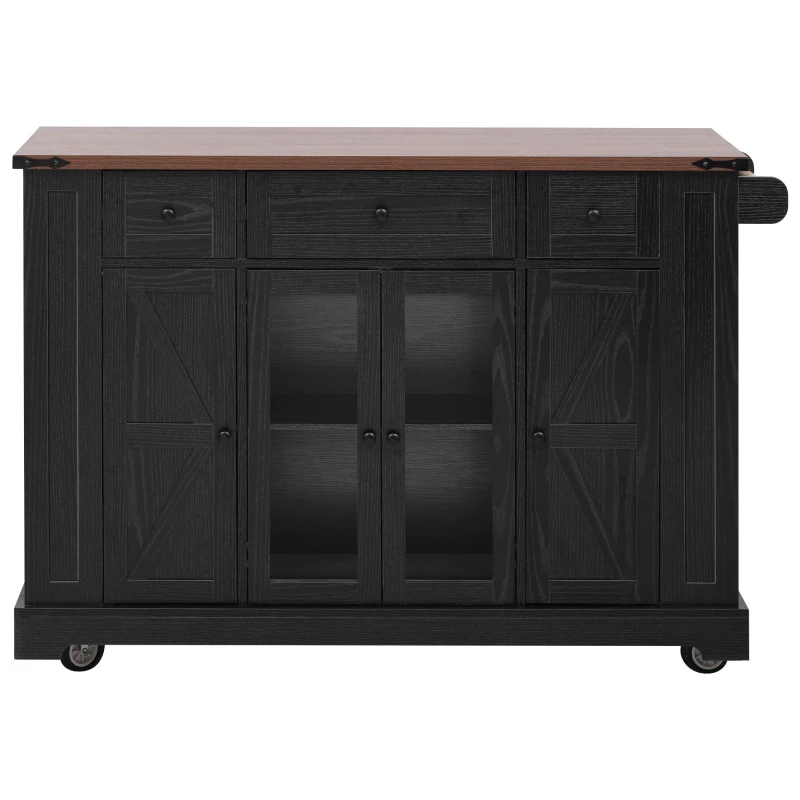 Farmhouse Kitchen Island with Tempered Glass Doors, Power Outlet, Rolling Cart with Drop Leaf, 5 Racks, 3 Drawers, 53" L x 29.5" W x 36" H, Black