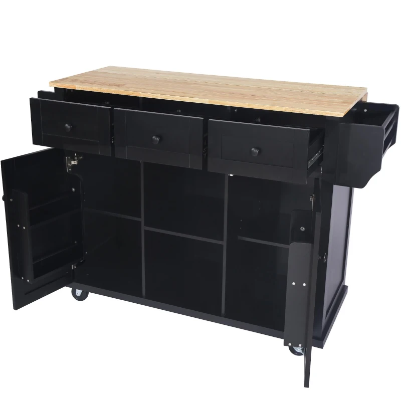Kitchen Cart with 5 Wheels, 3 Drawers, Storage Cabinets, Central Island with Rubberwood Drop-Leaf Countertop, 53" L x 29.5" W x 37" H, Black(m-14)