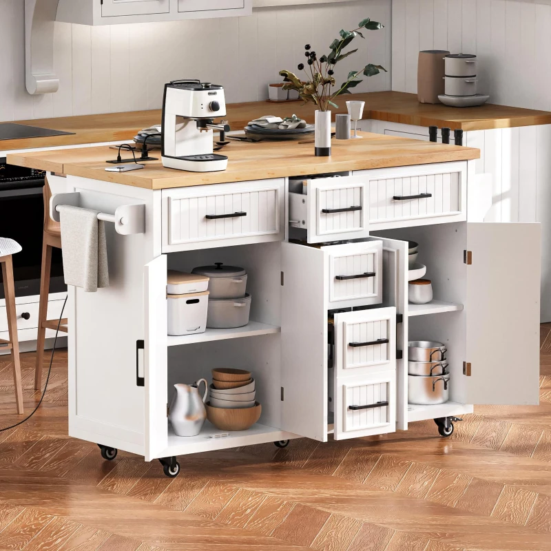 Kitchen Island with Drop Leaf and Power Outlet, Rolling Cart on Wheels, 4 Doors, Adjustable Shelves, Perfect for Kitchen and Dining Room, White