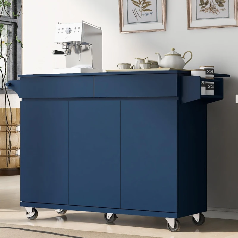 Kitchen Island with Drop Leaf, Rolling Cart with Spice and Towel Rack, 2 Drawers, Adjustable Shelves, 53.5" L x 27.5" W x 36.5" H, Navy Blue