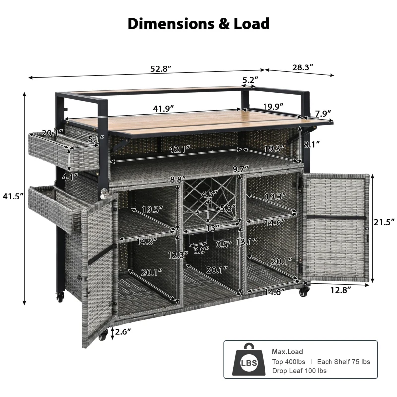 Outdoor Grill Cart with Extended Table Top, Rolling Kitchen Island on Wheels with Storage Cabinet, Double Handle, 53" L x 28.3" W x 41.5" H, Gray