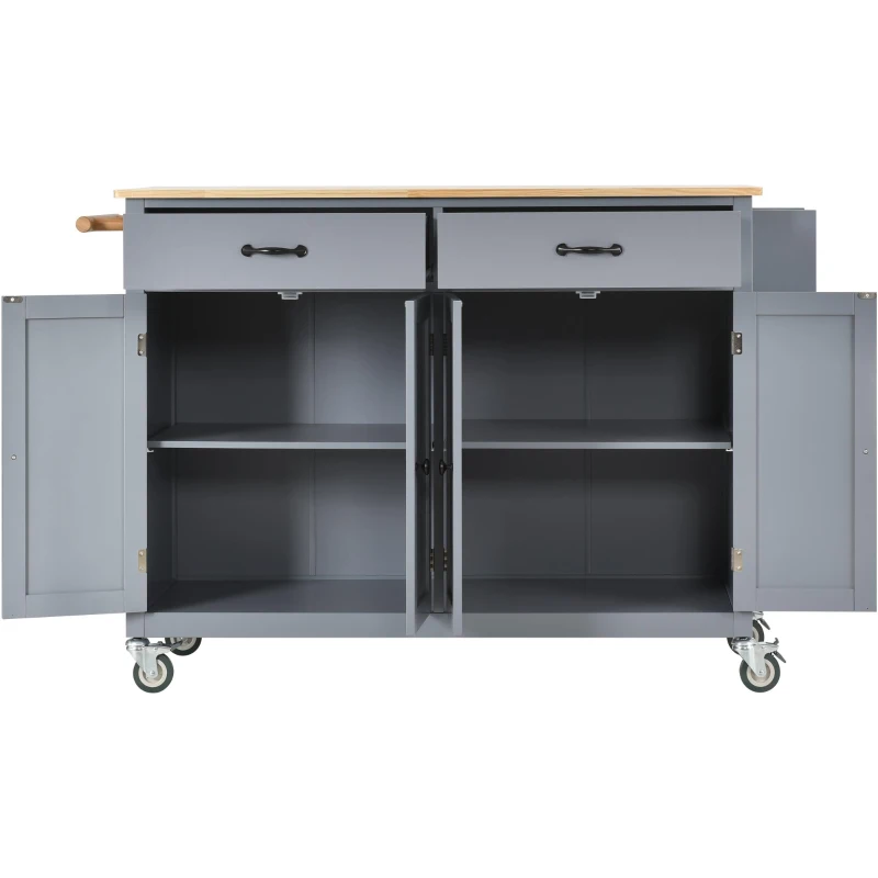 Kitchen Island Cart with 4-Door Cabinet, 2 Drawers, Solid Wood Top, Locking Wheels, Spice and Towel Racks, 54.5" L x 18.5" W x 36" H, Blue