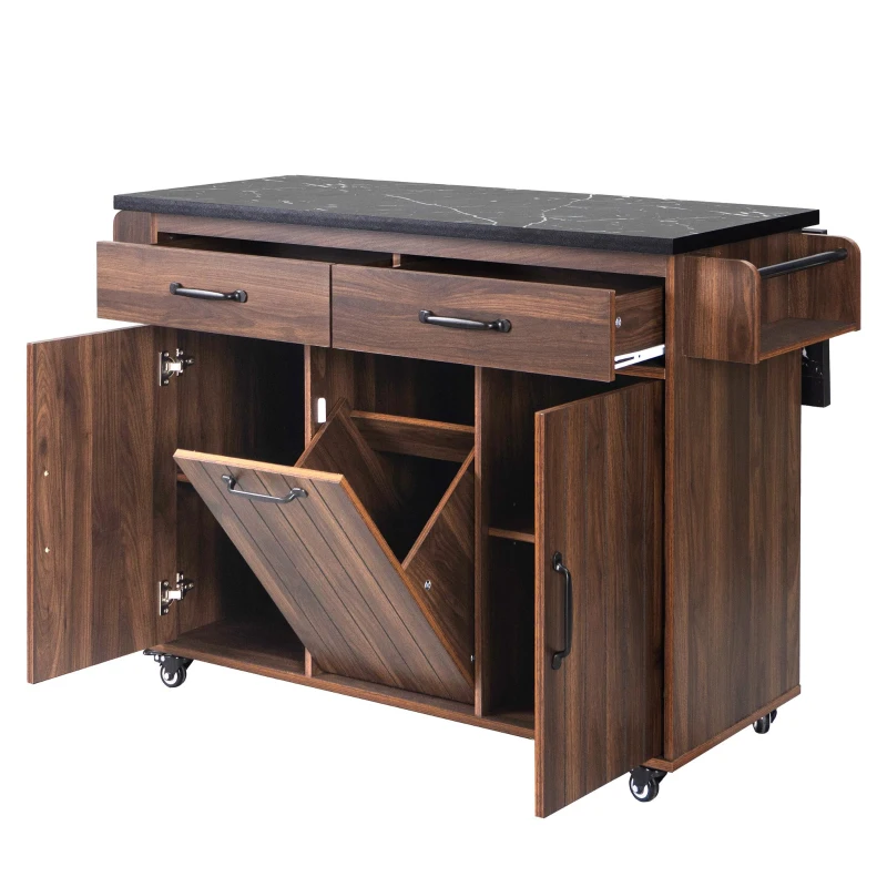 Kitchen Cart with Trash Can Storage, Drop Leaf, Spice and Towel Rack, Central Island with Rolling Wheels, 51" L x 31.5" W x 35" H, Walnut Brown