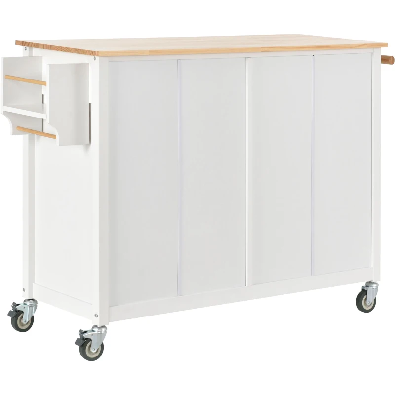 Kitchen Island Cart with 4-Door Cabinet, 2 Drawers, Solid Wood Top, Spice and Towel Racks, Locking Wheels, 54.5" L x 18.5" W x 36" H, White