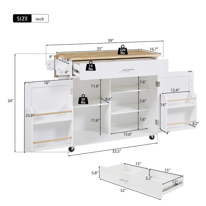Rolling Kitchen Cart with Rubber Wood Top, Drawer with Dividers, Internal Storage Rack, Adjustable Shelves, 39" L x 26" W x 34" H, White