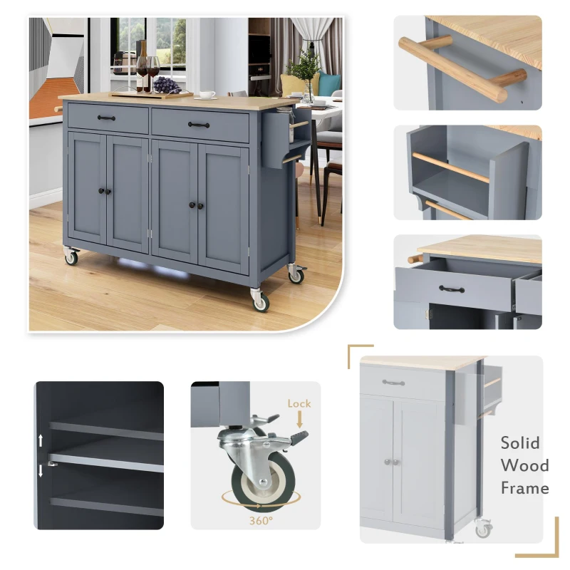 Kitchen Island Cart with 4-Door Cabinet, 2 Drawers, Solid Wood Top, Locking Wheels, Spice and Towel Racks, 54.5" L x 18.5" W x 36" H, Blue